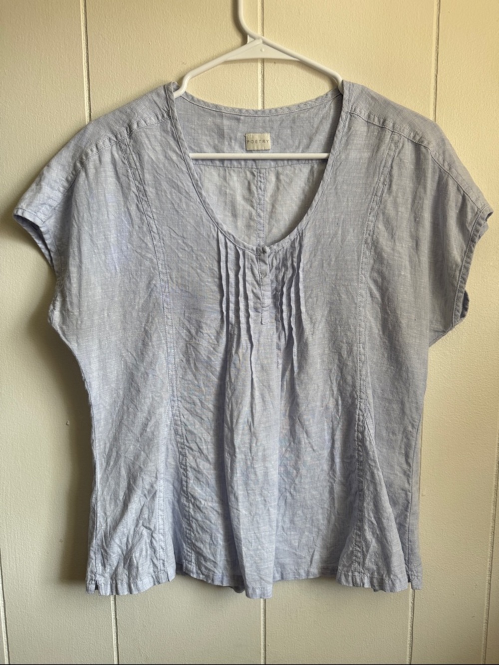 Poetry Light Blue Linen Pintuck V-Neck Blouse Sz 8